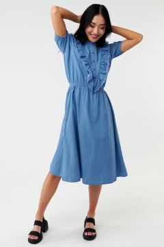 Womens denim ruffle trim modest dress